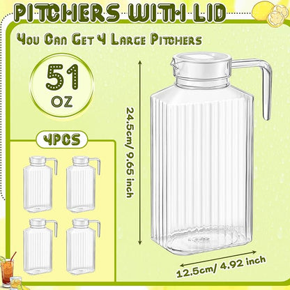 Panitay 4 Pcs 51 Ounces Plastic Pitcher with Lid Clear Acrylic Refrigerator Safe Pitcher Shatter Proof Juice Containers with Lids for Water Milk Sangria Lemonade Cold Drinks - Image 2