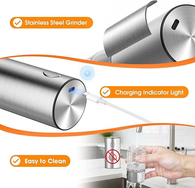 WOWBOX Electric Salt and Pepper Grinder Set 2 PCS, Stainless Steel Automatic Coarseness, Rechargeable Salt and Pepper Shakers, 95 L Large Capacity Multifunctional Pepper Mill, for Kitchen - Image 3