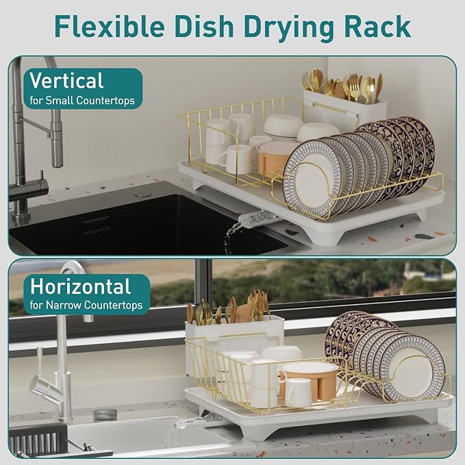 Buruis Dish Drying Rack for Kitchen Countertop, Large Capacity Gold Stainless Steel Dish Drainer with Anti-Slip Rubber Feet, Removable Drain Board and Utensil Holder (White Tray) - Image 6