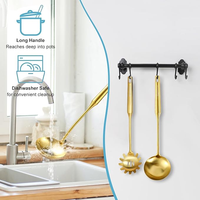 Gold Soup Ladle and Spaghetti Spoon Set - 18/10 Stainless Steel Soup Spoon，Pasta Strainer, 13.8" Kitchen Utensils for Cooking，Stirring, Serving Pasta, Soup & Sauce, Christmas Gifts - Image 2