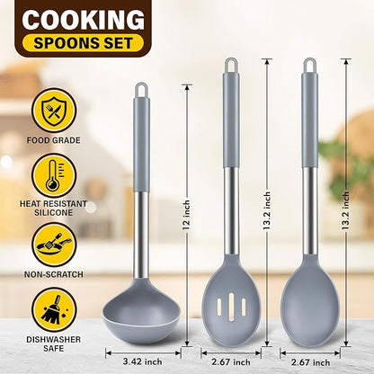 3Pcs Silicone Cooking Spoon Set, Kitchen Utensils Include Solid & Slotted Spoon, Soup Ladle, Food-Grade Heat Resistant 446°F, Non-Scratch Spoons for Serving, Stirring, Draining, Dishwasher Safe, Gray - Image 2
