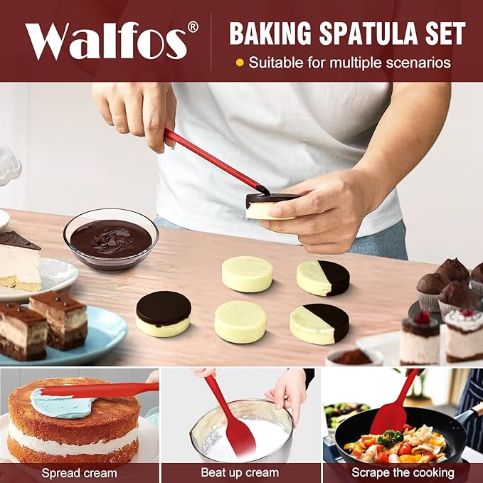 Walfos Silicone Spatula Set of 5-600°F Heat Resistant Kitchen Scraper Spatulas, Strong Steel Core and One-Pieces Seamless Design, Great for Cooking Mixing & Baking - BPA Free & Dishwasher Safe (Red) - Image 3