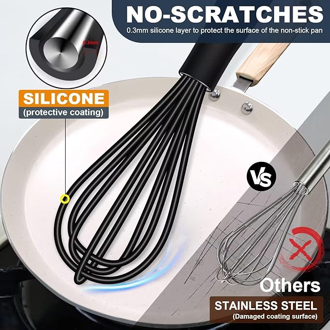 Eddeas Silicone Mini Whisk, Small whisks Non-Stick Tiny Whisks set of 2（5.5in & 7.5in）-Heat Resistant (450°F) Whisks, Balloon Egg Beater Perfect for Whisking, Beating, Mixing, Blending, Black - Image 3