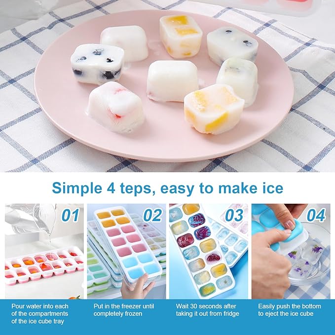 Ice Cube Tray with Lid, Easy-Release, Flexible, Ice Cube Tray, Spill-Resistant, for Freezer, Cocktail, Drinks, Coffee, 2 Pack 28 Pcs, Blue,1.1x2.8x7.2 in - Image 5