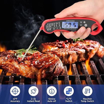 Lonicera Meat Thermometer Digital for Cooking Food. Waterproof & Instant Read for Kitchen Baking, BBQ. with Foldable Probe, Backlight & Calibration (Red) - Image 2