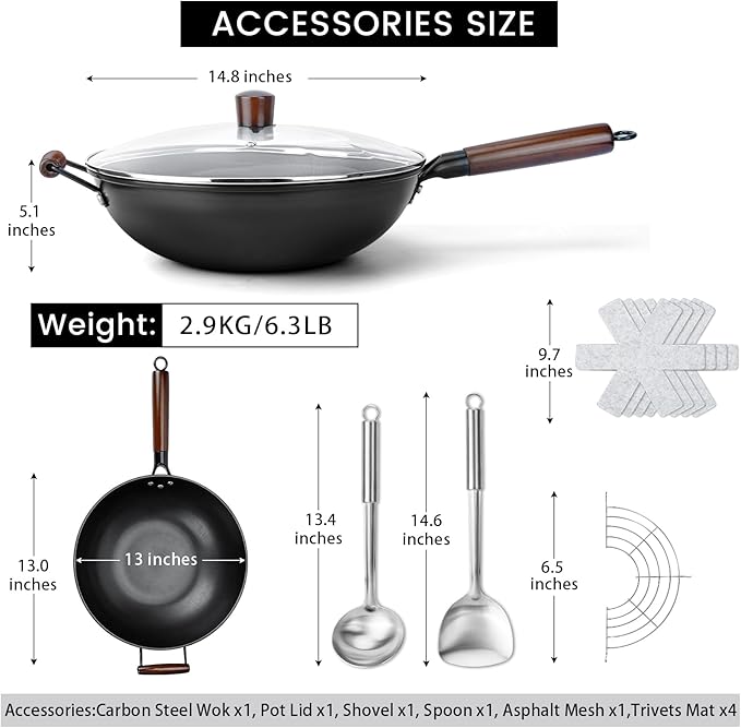 Carbon Steel Wok - 13" Woks & Stir-Fry Pans Nonstick, Wok with Lid, Fast Heat Conduction, Uniform Heat Conduction Flat Bottom Woks, Professional Chef Cookware - Image 2