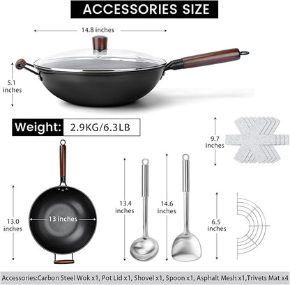 Carbon Steel Wok - 13" Woks & Stir-Fry Pans Nonstick, Wok with Lid, Fast Heat Conduction, Uniform Heat Conduction Flat Bottom Woks, Professional Chef Cookware - Image 2