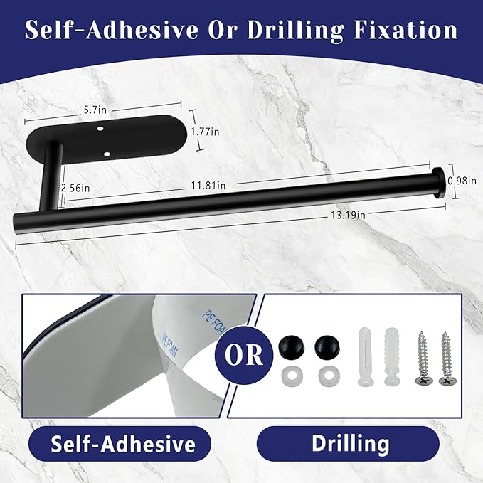 Paper Towel Holder, Self Adhesive or Drilling Paper Towel Holder Under Cabinet, Stainless Steel Black Paper Towel Holders Wall Mount for Kitchen, Bathroom, Sink, Pantry, Fridge - Image 6