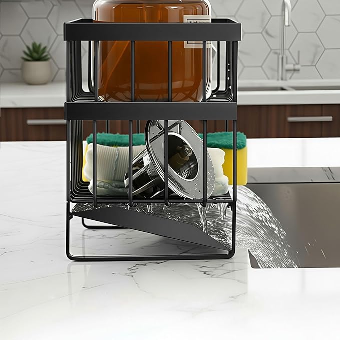 Kitchen Sink Organizer Caddy, 2 Tier Sink Caddy Organizer with High Brush Holder, Rust-Proof Countertop Rack (Black 10.6 * 4.3 * 5.7") for Kitchen Accessories & Dish Brushes - Image 5