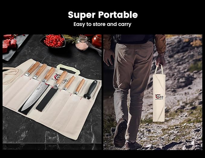 SYOKAMI 14pcs Chef Knife Set with Roll Bag, Professional Stainless Steel Japanese Knife Set with Pakkawood Handle for Professional Chef, Camping, Travel, BBQ, RV or Gift Beige
