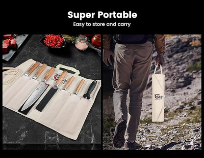 SYOKAMI 14pcs Chef Knife Set with Roll Bag, Professional Stainless Steel Japanese Knife Set with Pakkawood Handle for Professional Chef, Camping, Travel, BBQ, RV or Gift Beige