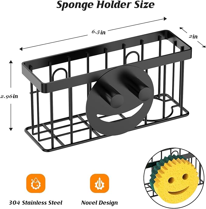 MURLONG Sponge Holder Smiley Face, Sink Caddy for kitchen Sink, Kitchen Organizer Sponge Holder with 2 PCS Suction Cups/1 PCS Adhesive Strips, Designed for Sponge, Soap, Dish brush, Scrubber-Black - Image 2