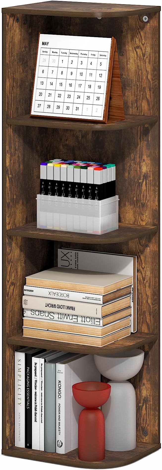 Furinno PASIR Book Shelf, 4-Tier Corner Bookshelf with Open Shelf, Standing Bookcase, 9.3 x 12 x 41.4, for Organization and Storage, for Living Room, Bedroom, Home Office, Amber Pine by Furinno-FitsYourSpaceFitsYourBudget