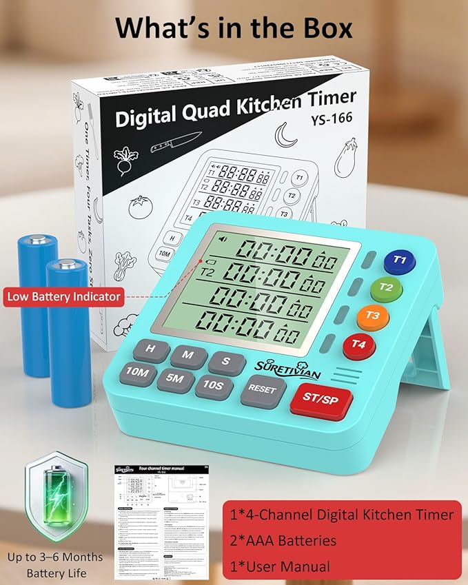 Digital Kitchen Timer for Cooking - 4 Channel Count Up Countdown Timer with Loud Alarm and Silent Mode, Large Display, Magnetic Back, Auto Memory for Classroom Study Gym, Battery Included (Mint Green) - Image 8
