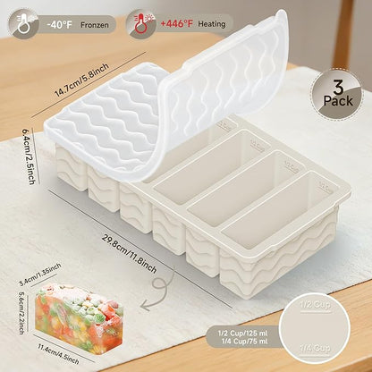 3-Pack Silicone Freezer Trays with Lid, Soup Freezer Container Molds, Silicone Freezer Molds, Ice Cube Tray for freezing Soup Sauce Broth Leftovers, Dishwasher & Oven Safe(1/2-cup,starlight)