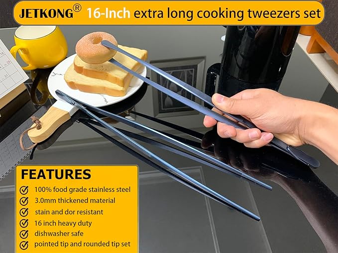JETKONG 2 Pcs 16-Inch Heavy Duty Cooking Tweezers Extra Long Stainless Steel Kitchen Tweezers Large Plating Tongs (Navy Blue) - Image 3