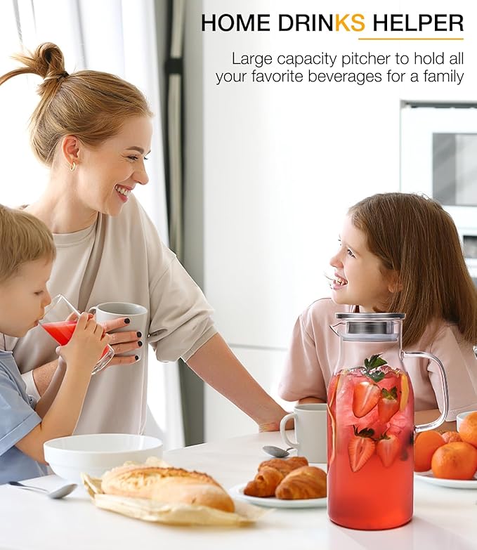 LUNA&MANTHA 2 Pack 2 Liter 68 oz Glass Pitcher with Lid and Handle, Water Pitcher for Fridge, Large Ice Tea Jug for Hot/Cold Drinks, Thick Borosilicate Glass Carafe for Coffee, Juice, Sangria - Image 6