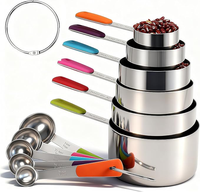 Bopei Measuring Cups and Spoons Set Stainless Steel 11 Piece for Cooking and Baking (6 Cups + 5 Spoons, Colorful Handles) by Bopei