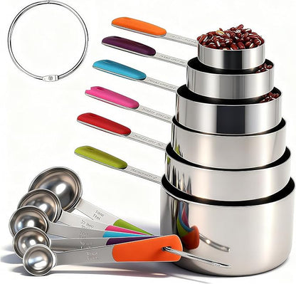 Bopei Measuring Cups and Spoons Set Stainless Steel 11 Piece for Cooking and Baking (6 Cups + 5 Spoons, Colorful Handles) by Bopei