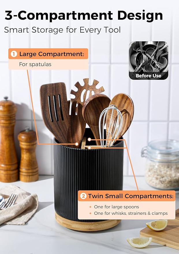 LoeJan 3 Compartment Utensil Holder, Extra Large Utensil Crock, Stable Ceramic Utensil Organizer, Cooking Tool Organizer Set for Kitchen Counter Farmhouse Decor (B-Black(Vertical Stripe)) - Image 3