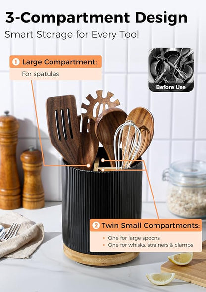 LoeJan 3 Compartment Utensil Holder, Extra Large Utensil Crock, Stable Ceramic Utensil Organizer, Cooking Tool Organizer Set for Kitchen Counter Farmhouse Decor (B-Black(Vertical Stripe)) - Image 3