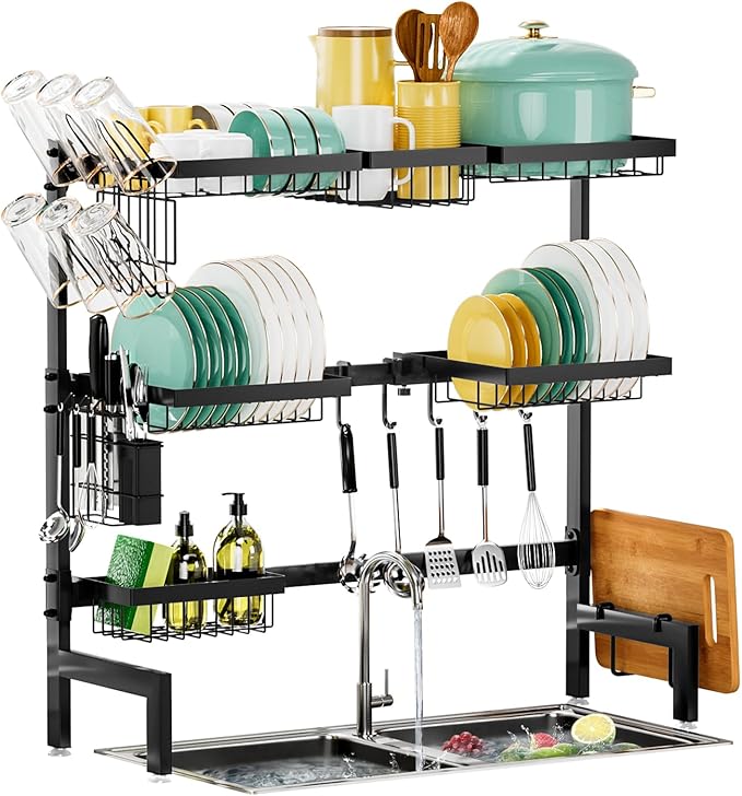 Over The Sink Dish Drying Rack,Expandable Length 3-Tier Large Stainless Steel Over The Sink Dish Rack with 6 Baskets, Utensil Holder Dish Drainers for Kitchen Counter - Image 3
