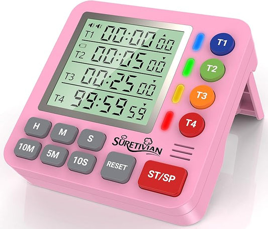 Digital Kitchen Timer for Cooking - 4 Channel Count Up Countdown Timer with Loud Alarm and Silent Mode, Large Display, Magnetic Back, Auto Memory for Classroom Study Gym, Battery Included (Pink) by SURETIVIAN