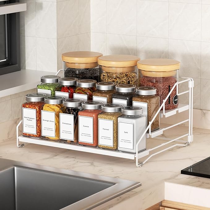 BOIVSHI Tiered Spice Rack, 4 Tier Spice Shelf Organizer for Cabinet, Spice Rack Organizer, Depth Adjustable Seasoning Rack Organizer for Cabinet, Countertop, Pantry, Metal, White (1 Pack) - Image 3