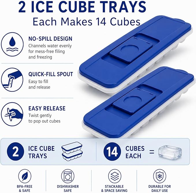 2-Pack No-Spill Ice Cube Trays with Lids – BPA-Free, Easy Release & Stackable Freezer Trays – Covered Ice Molds for Drinks, Whiskey, Cocktails, and Juice – Blue