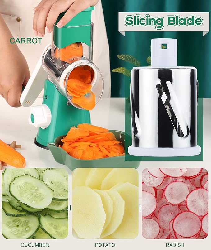 Ourokhome Rotary Cheese Grater Hand Crank, Kitchen Shredder Speed Mandolin Slicer Nut Grinder with Handle and Drum Blades for Cheese, Vegetable, Walnut, Chocolate, Potato, Carrot, 3 Blades, Emerald - Image 3