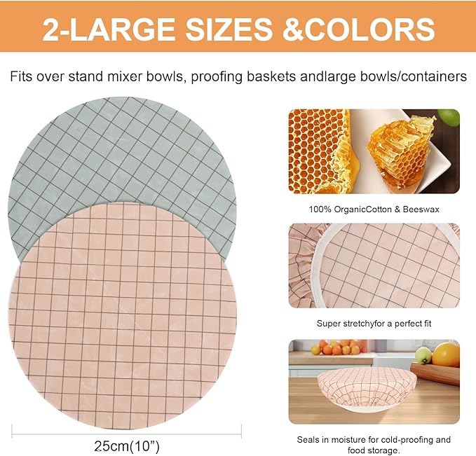 Reusable Bowl Covers for Bread Proofing（2 Large）- Cotton Beeswax Bowl Covers Reusable with Elastic Rim, Sourdough Bowl Cover for Food Storage and Food Preservation (10INCH)(tartan)