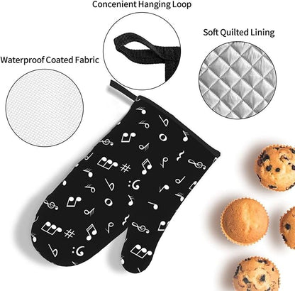 Music Notes Oven Mitts and Pot Holders Sets of 3 Black Hot Pads Musicial Oven Gloves Heat Resistant Non Slip Washable for Kitchen Cooking Grilling Baking - Image 5