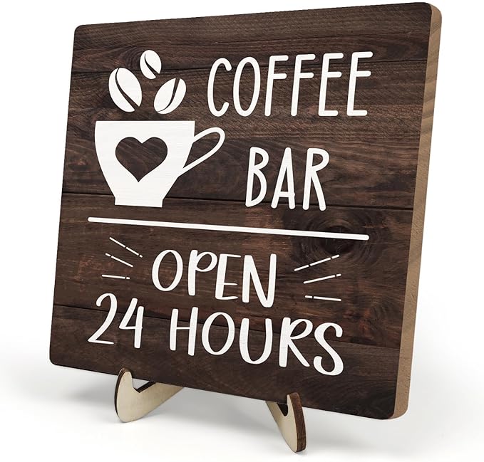 Coffee Bar Sign Plaque Decor, Vintage Farmhouse Kitchen Counter Sign for Coffee Station Kitchen Office,Cafe Bar Accessories, Open 24 Hours Mini Bar Decor(Brown4, 5.9x5.9inches) by DMADNF
