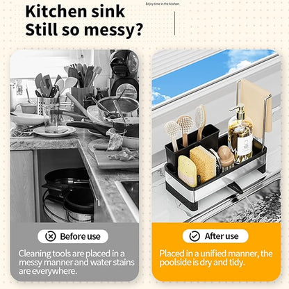 Sponge Holder for Kitchen Sink,Sink Caddy Organizer with Removable Brush Holder,Kitchen Countertop Soap Dispenser Storage with Detachable Towel Rack,Black