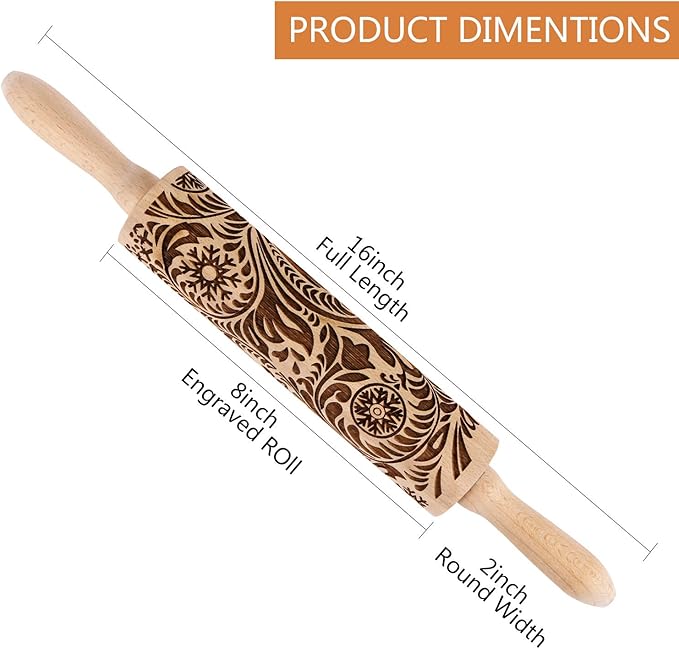 Embossed Wooden Rolling Pin for Baking,Evermarket Deep Engraved Embossing Rolling Pin with Christmas Snowflake Flower Design for Baking Embossed Cookies,Cute Kitchen Decor DIY Tool for Adults - Image 2