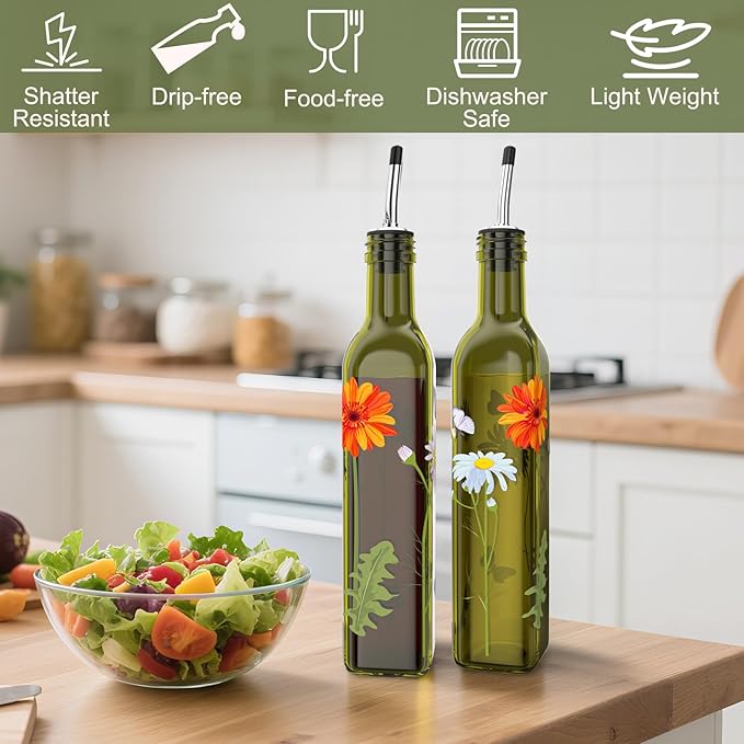COOLMI Oil and Vinegar Dispenser Set - 17oz/500ML Premium Glass Olive Oil Dispenser Bottles for Kitchen, Oil Dispenser for Kitchen(Daisy) - Image 4