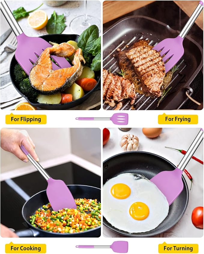 Pack of 2 Silicone Solid Turner, Non Stick Slotted Kitchen Spatulas, High Heat Resistant BPA Free Cooking Utensils, Ideal Cookware for Fish, Eggs, Pancakes(Purple) - Image 3
