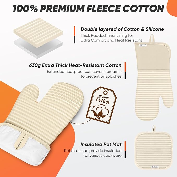 Oven Mitts Kitchen Towels and Dishcloths with Pot Holders Sets, Oven Gloves Hot Pads 500°F Heat Resistant with Silicone Grip, Include 2 Cooking Gloves/2 Potholders/4 Kitchen Towels/4 Dish Towels - Image 3