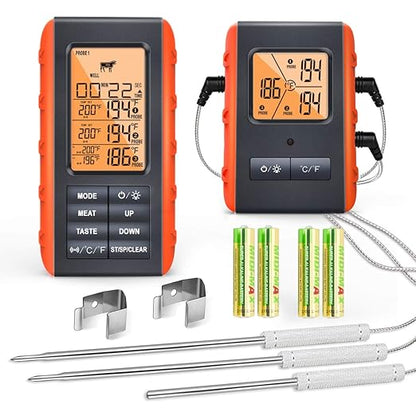 Wireless Meat Thermometer for Grilling Smoking - Kitchen Food Cooking Candy Thermometer with 3 Probes - Monitor Ambient Temperature Inside The Grill Smoker BBQ Oven Thermometer, 490ft,Digital by VAUNO
