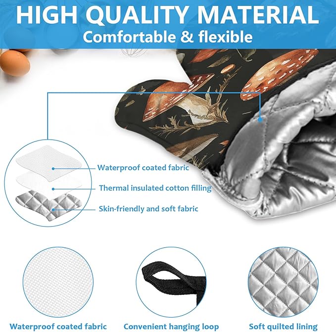 Watercolor Forest Mushroom Oven Mitts and Pot Holders Sets Heat Resistant 4Pcs Potholders Oven Gloves Hot Pads for Kitchen Baking Cooking Grilling BBQ