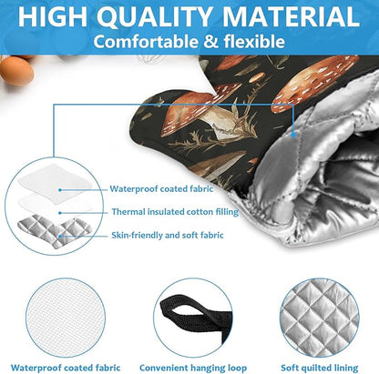 Watercolor Forest Mushroom Oven Mitts and Pot Holders Sets Heat Resistant 4Pcs Potholders Oven Gloves Hot Pads for Kitchen Baking Cooking Grilling BBQ