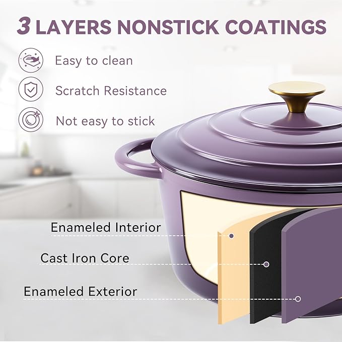 Miereirl 6 Quart Enameled Dutch Oven Pot with Lid, Cast Iron Dutch Oven with Dual Handles for Bread Baking, Cooking, Non-stick Enamel Coated Cookware, Purple - Image 5