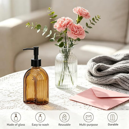 Black Pump Glass Soap Dispenser, 12oz Brown Stripe Countertop Refillable Liquid Bottle Hand Dish Lotion Dispenser with Plastic Pump, for Kitchen, Bathroom Countertop