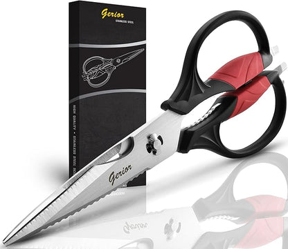 Kitchen Scissors - Heavy Duty Utility Come Apart Kitchen Shears for Chicken, Meat, Food, Vegetables - 9.25 Inch Long Black & Red by Gerior
