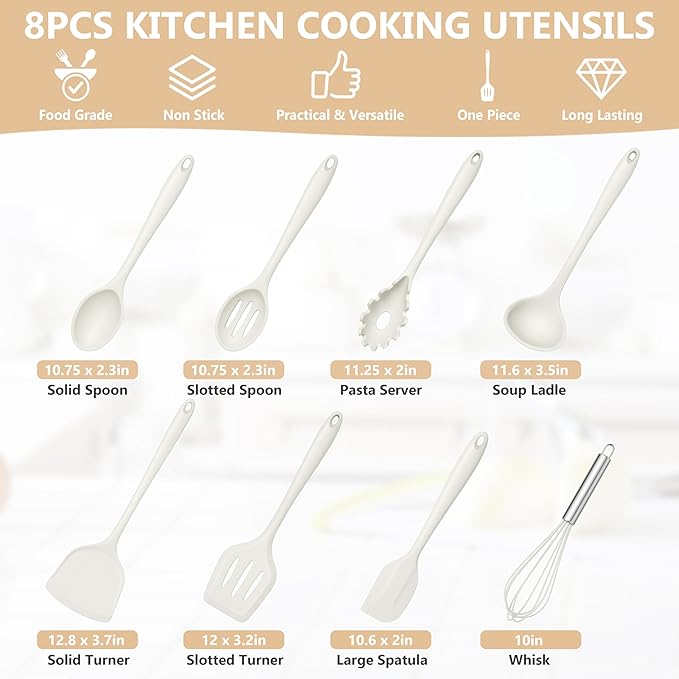 TeamFar 8 PCS Silicone Cooking Utensils - 446°F Heat Resistant Kitchen Silicon Utensils Set, Turner, Spatula, Spoon, Whisk, Kitchen Cooking Gadgets Tools for Nonstick Cookware, Dishwasher Safe-White - Image 2