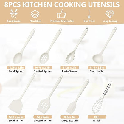 TeamFar 8 PCS Silicone Cooking Utensils - 446°F Heat Resistant Kitchen Silicon Utensils Set, Turner, Spatula, Spoon, Whisk, Kitchen Cooking Gadgets Tools for Nonstick Cookware, Dishwasher Safe-White - Image 2