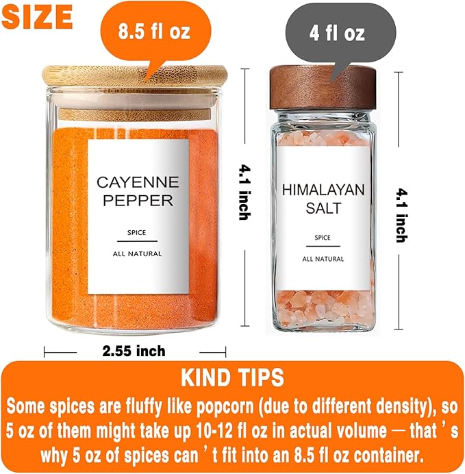 GPOVVIMX 12 Pcs Glass Spice Jars with Bamboo Airtight Lids and 191 Labels - 8.5oz Small Food Storage Containers for Kitchen, Seasoning, Coffee, Herb - Spoon and Marker Included - Image 2