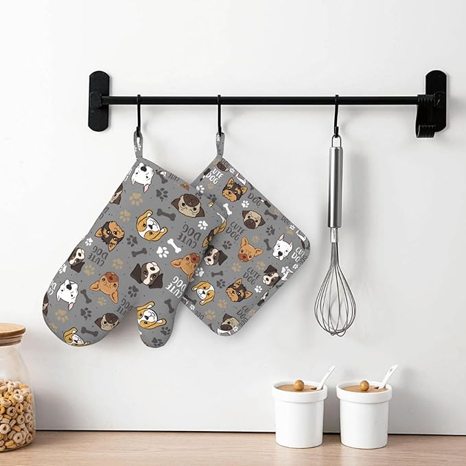 Cute Dog Oven Mitts and Pot Holders Sets Heat Resistant Non-Slip Silicone Oven Gloves Kitchen Accessories for Cooking Baking Grilling BBQ