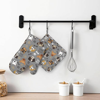 Cute Dog Oven Mitts and Pot Holders Sets Heat Resistant Non-Slip Silicone Oven Gloves Kitchen Accessories for Cooking Baking Grilling BBQ