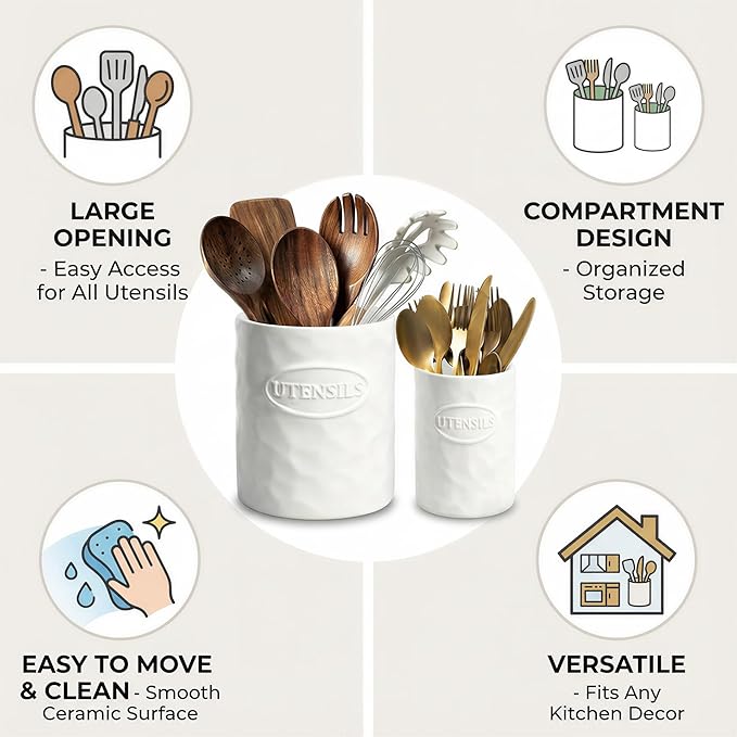 White Utensil Holder Set of 2 Ceramic Cooking Utensil Crock Modern Kitchen Utensil Organizer for Countertop Spatula Spoon and as a Decorative Vase for Housewarming Gift - Image 5